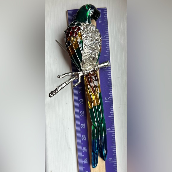 Large Tropical Parrot Bird Blue Green Guilloche Enamel Rhinestones Brooch - Picture 8 of 10